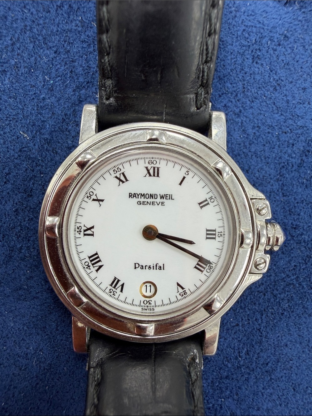 Raymond Weil Parsifal Silver Case White Dial Black Strap Watch